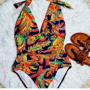Lauren Ralph Lauren Navy Paisley halter one piece Swim Suit size 8